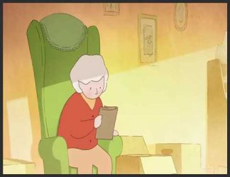 پیر زنی انیمیشنی با لباس قرمز که روی مبل نشسته و قال عکسی را میبیند