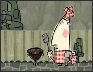 مردی کارتونی در کنار باربیکیو و درست کردن همبرگر