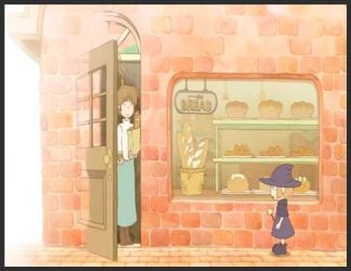دختری با لباس جادوگر در کنار مغازه نانوایی